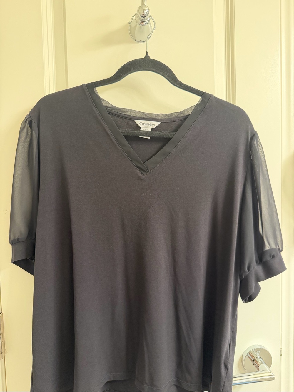 Calvin Klein Sheer-Sleeve Black V-Neck Top